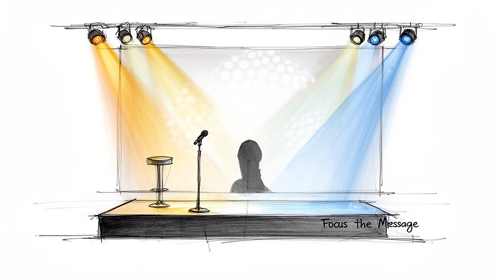 Hand-drawn sketch of a stage with colorful spotlights, a microphone, and a speaker's silhouette.
