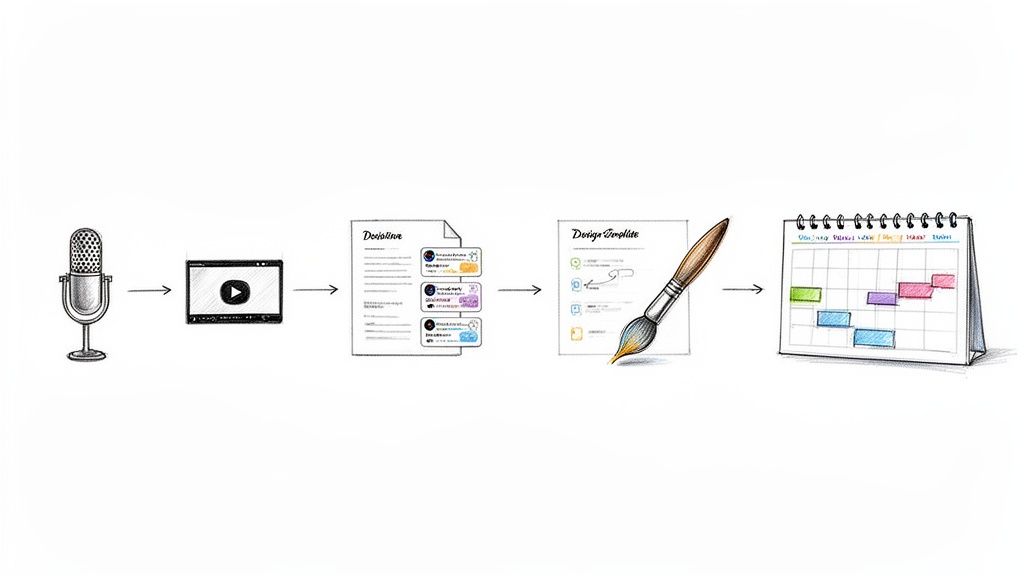 Workflow diagram illustrating steps from audio recording, video content, decision document, design template, to project calendar.