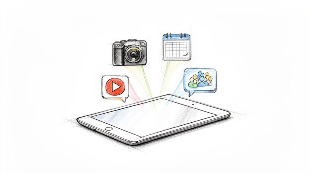A sketch of a tablet connecting to icons for camera, video, calendar, and social media.