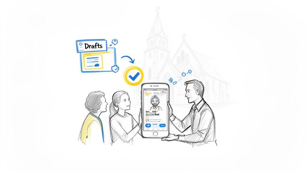 A desk with a notepad, a pen, a cup of coffee, and a smartphone displaying a social media calendar.