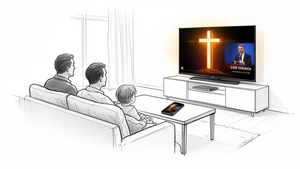 Family watching a live church service on TV and a smartphone at home.