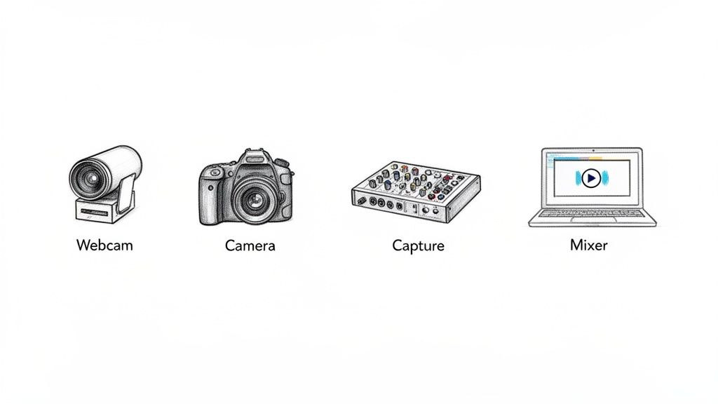 Line art icons showing a webcam, camera, capture device, and laptop mixer for streaming.