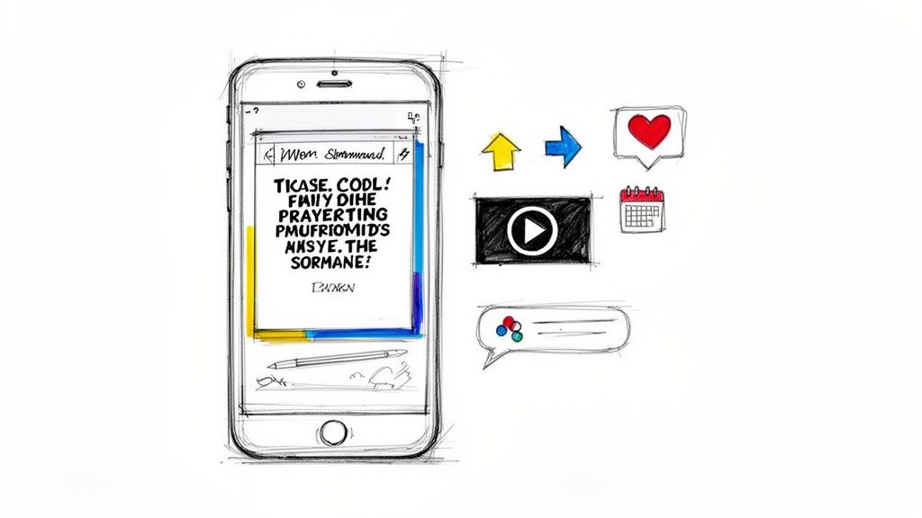 Sketch of a smartphone displaying text, possibly a prayer, with various communication app icons.