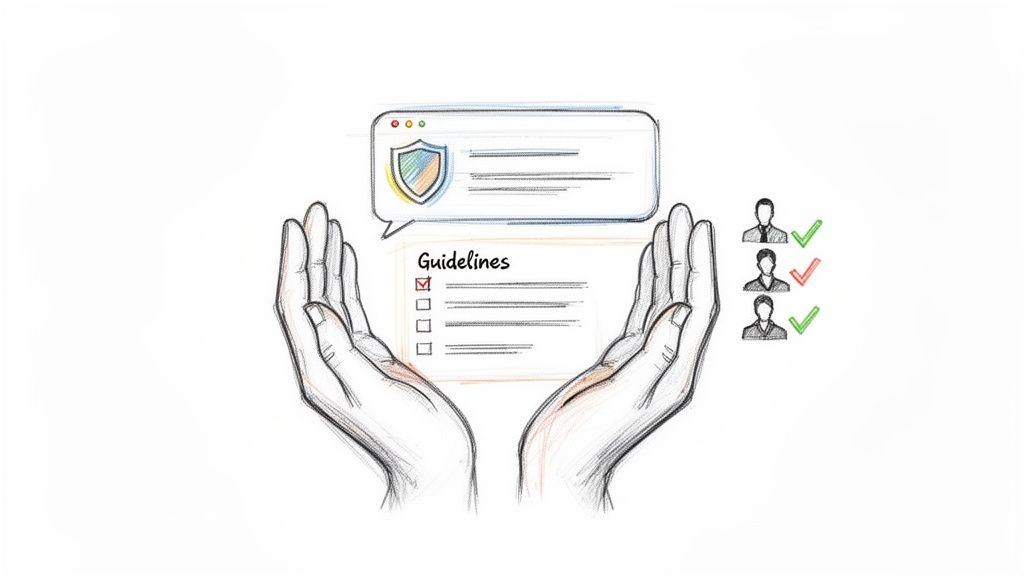 Illustration of hands supporting security guidelines and user compliance checks.