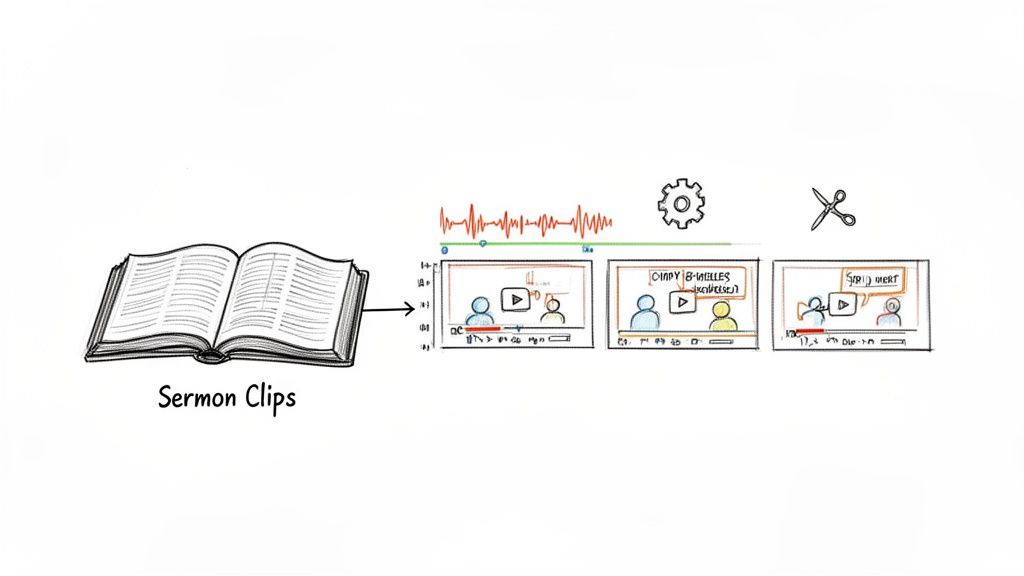 Diagram illustrating 'Sermon Clips' process: an open book flows into video editing steps with waveforms and clips.