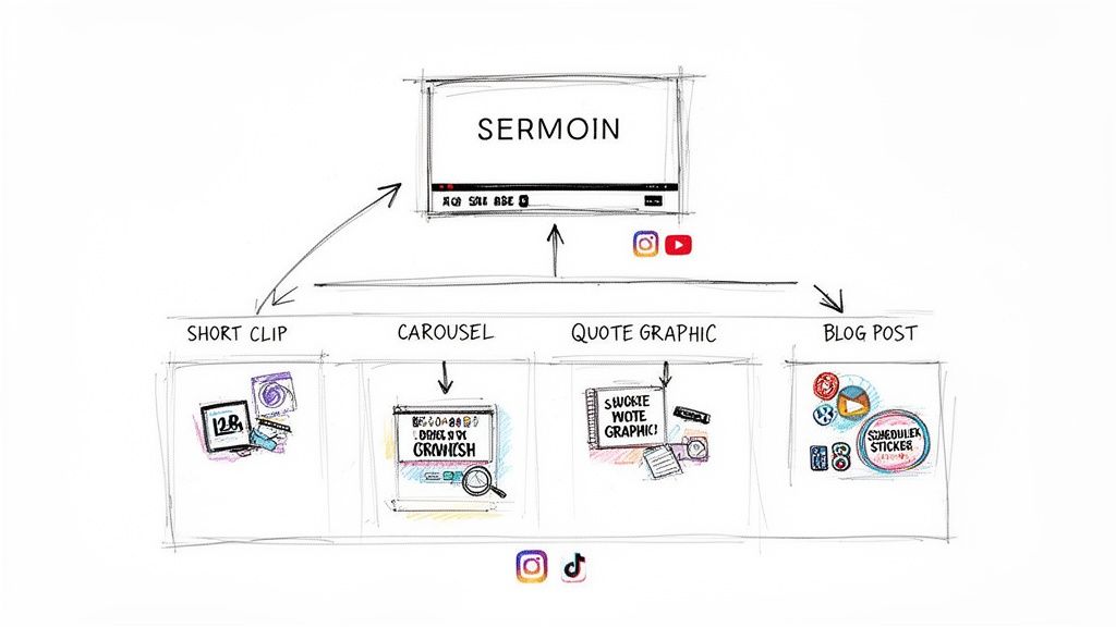 Diagram showing a sermon video repurposed into short clips, carousels, quote graphics, and blog posts for social media.