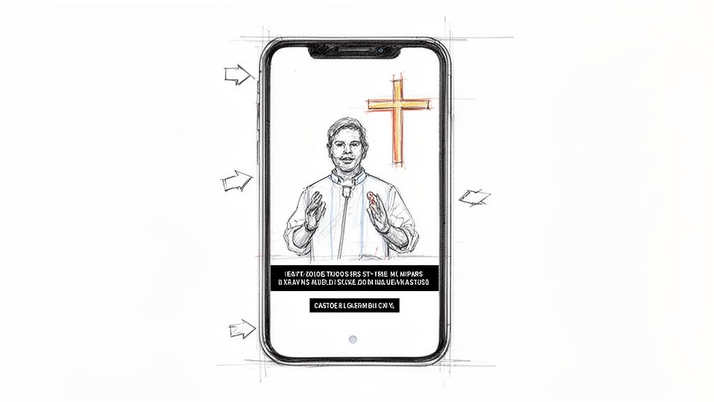 Digital sketch of a smartphone showing a priest-like figure, a cross, and text on its screen.