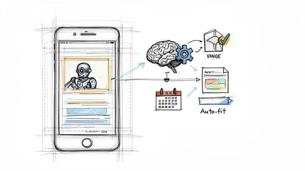Mobile app interface integrating with AI, represented by a brain and gear, for data analysis and automated tasks.