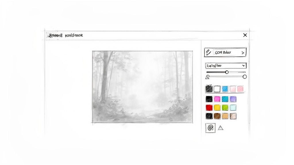 A hand-drawn sketch of a creative application interface displaying a misty forest scene.