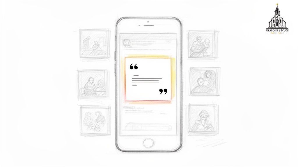 A sketch of a smartphone displaying a quote graphic on social media, surrounded by small framed illustrations and a church logo.
