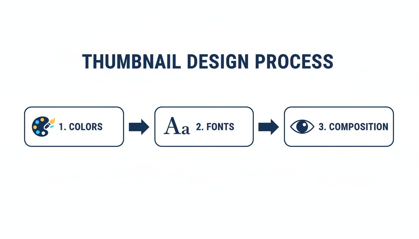 Diagram illustrating the thumbnail design process, including steps for colors, fonts, and composition.