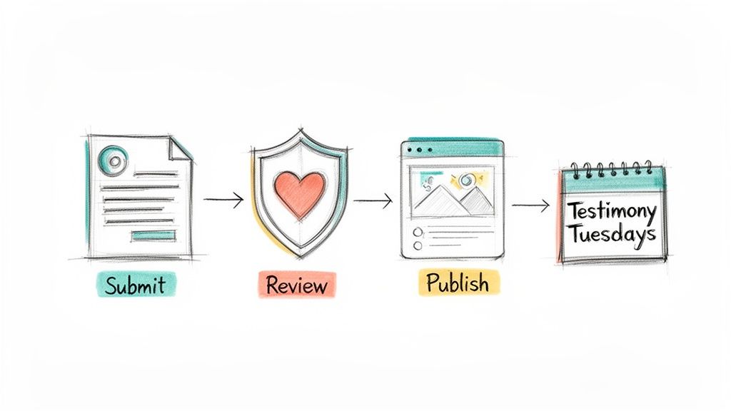 Hand-drawn workflow diagram showing steps: submit document, review with heart shield, publish online, and Testimony Tuesdays on a calendar.
