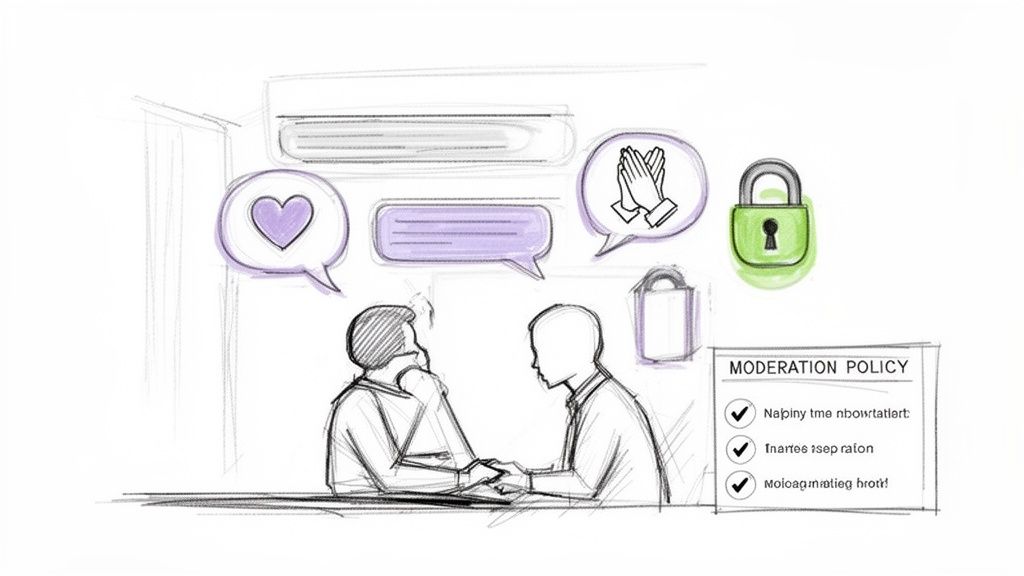 Sketch of two people with chat bubbles, a heart, praying hands, and a moderation policy.
