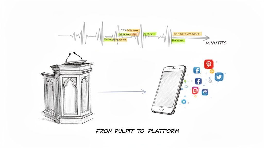 A sketch illustrating the transformation from a traditional podium with microphones to a smartphone surrounded by social media apps, representing digital content sharing.