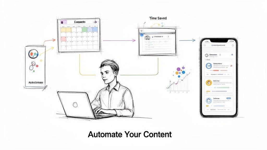 A sketch illustration showing a person using a laptop to automate content scheduling and publishing to a smartphone.