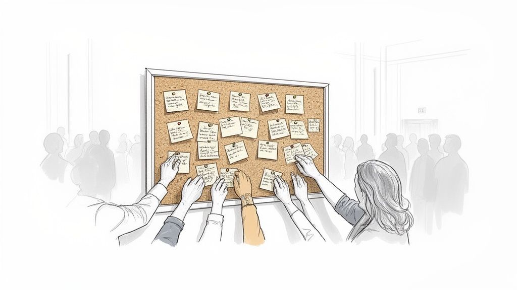 Multiple hands collaboratively pin handwritten notes onto a cork board, observed by a crowd.