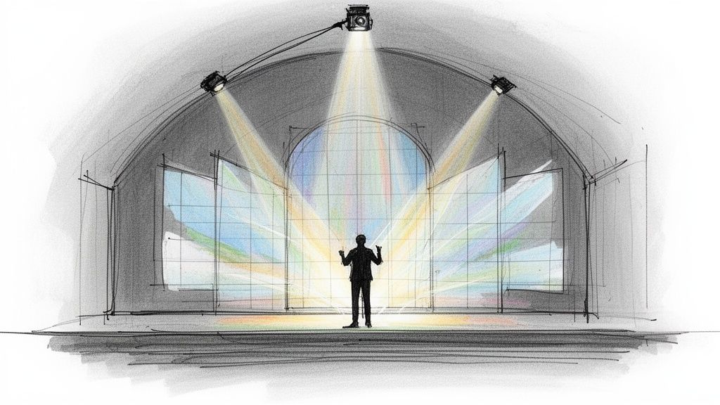 Dynamic sketch of a modern stage with a speaker, colorful screen panels, and bright spotlights.