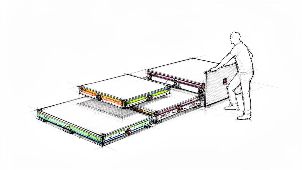 A sketch depicts a person setting up modular stage platforms with colorful edges, arranged like steps.