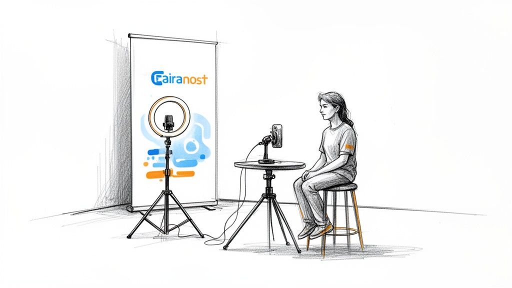 A sketch of a woman sitting on a stool, preparing to record with a smartphone, microphone, and ring light, next to a Fairanost banner.