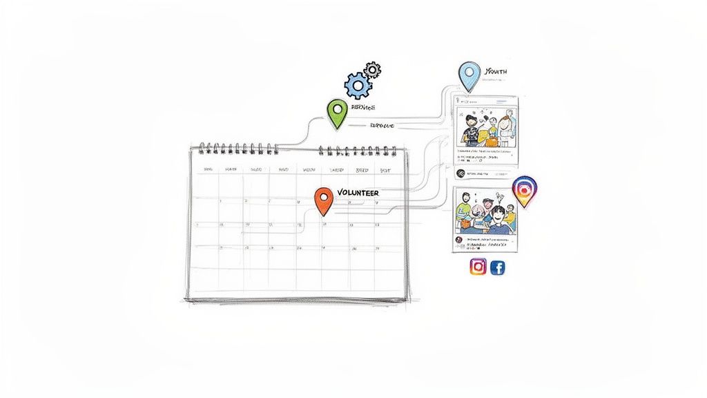 A sketch showing a calendar with a 'VOLUNTEER' event, linked to 'SERVICE' and 'YOUTH' activities promoted on social media.