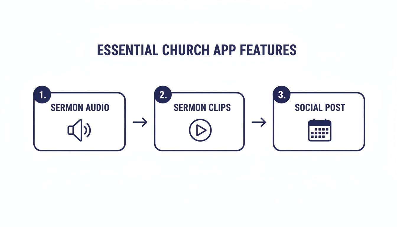 Flowchart detailing essential church app features: sermon audio, sermon clips, and social post creation.