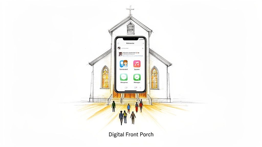 A sketch of a church with a smartphone displaying apps, and people walking towards it, symbolizing a digital front porch.