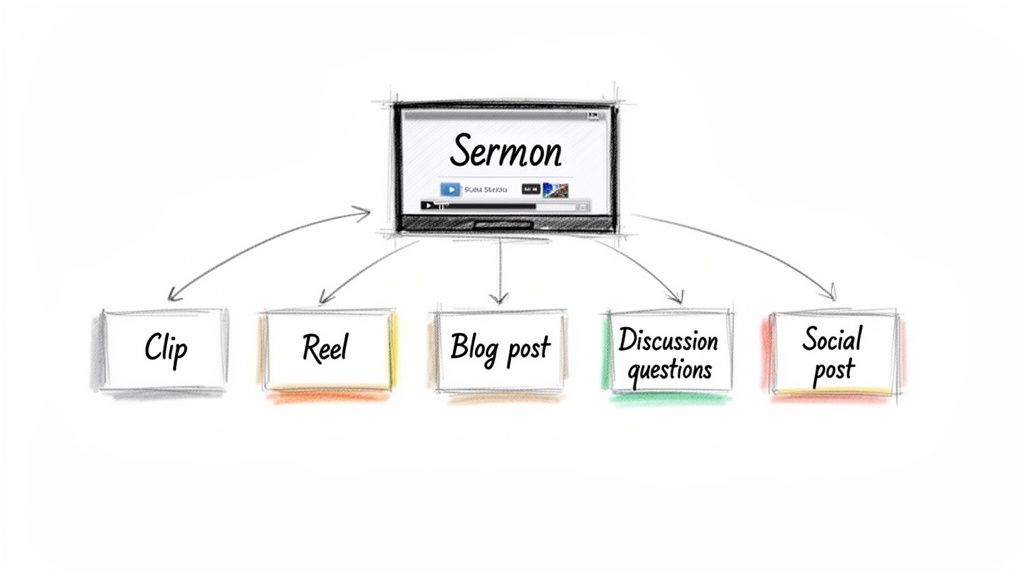 Diagram illustrating how a sermon can be repurposed into a clip, reel, blog post, discussion questions, and social post.