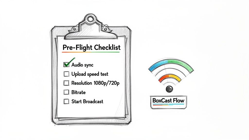 A pre-flight checklist for broadcasting with audio sync checked, along with a BoxCast Flow logo and Wi-Fi signal.