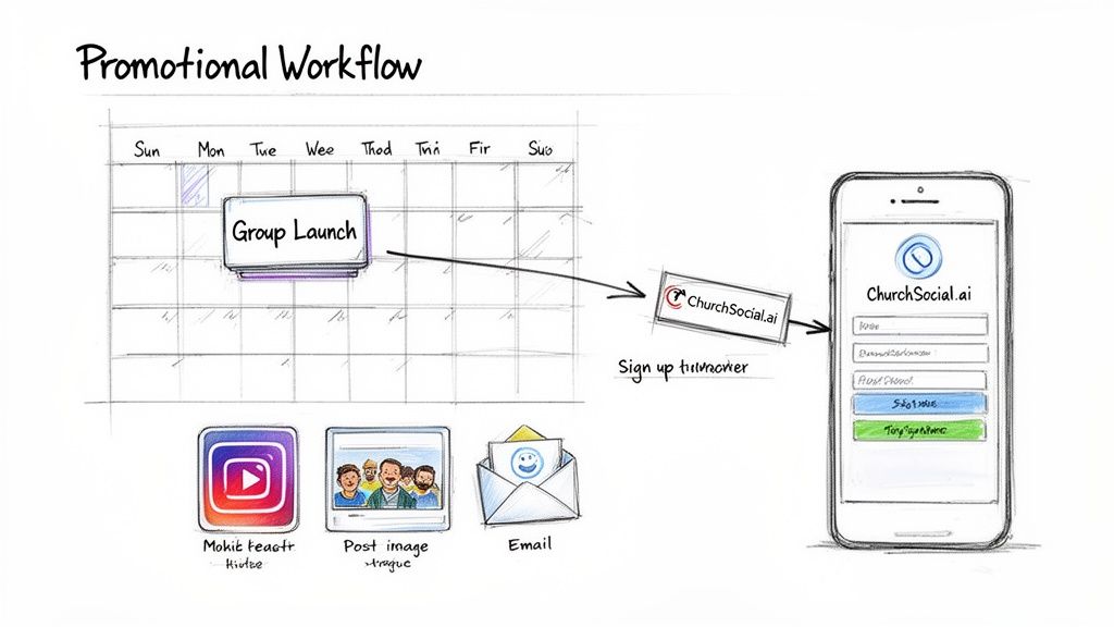 Promotional workflow for a group launch, depicting calendar scheduling, social media, email campaigns, and sign-up tracking.