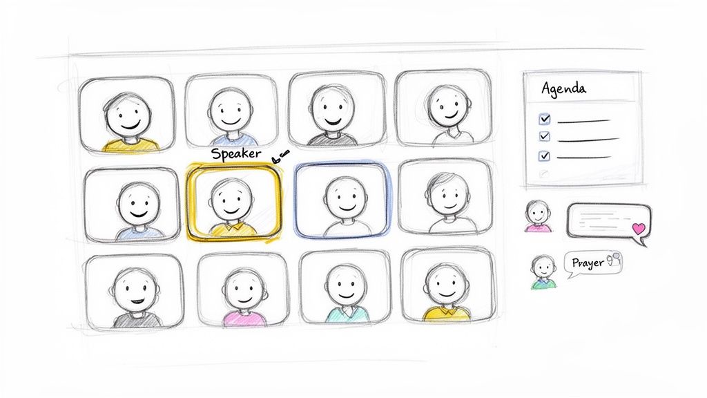A sketch of an online video call grid with multiple participants, a speaker highlighted, an agenda, and chat bubbles.