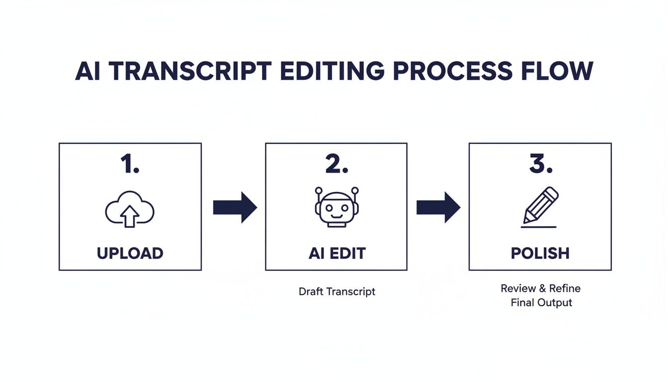 Flowchart depicting the AI transcript editing process: Upload, AI Edit (Draft Transcript), and Polish (Review & Refine).