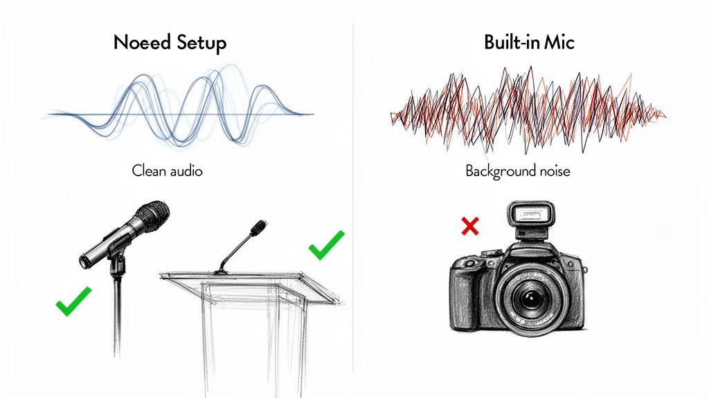 Image contrasting clean audio from external microphones with noisy sound from a camera's built-in mic.