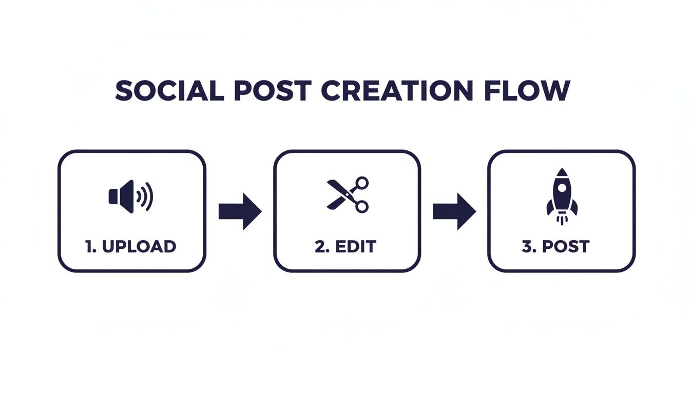 Flowchart illustrating the social post creation process: upload, edit, and post steps.