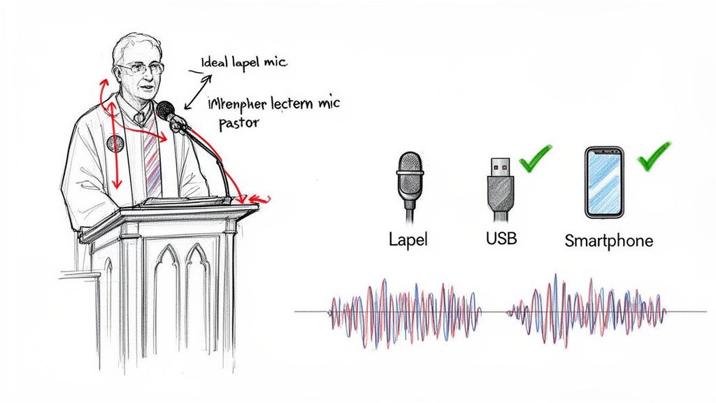 Diagram illustrating microphone options for a speaker, including lapel, lectern, USB, and smartphone, with audio waveforms.