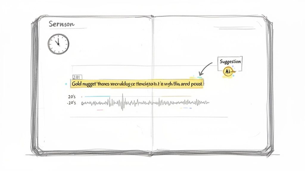 Sketch of an open notebook displaying AI-generated text suggestions for a highlighted audio waveform.