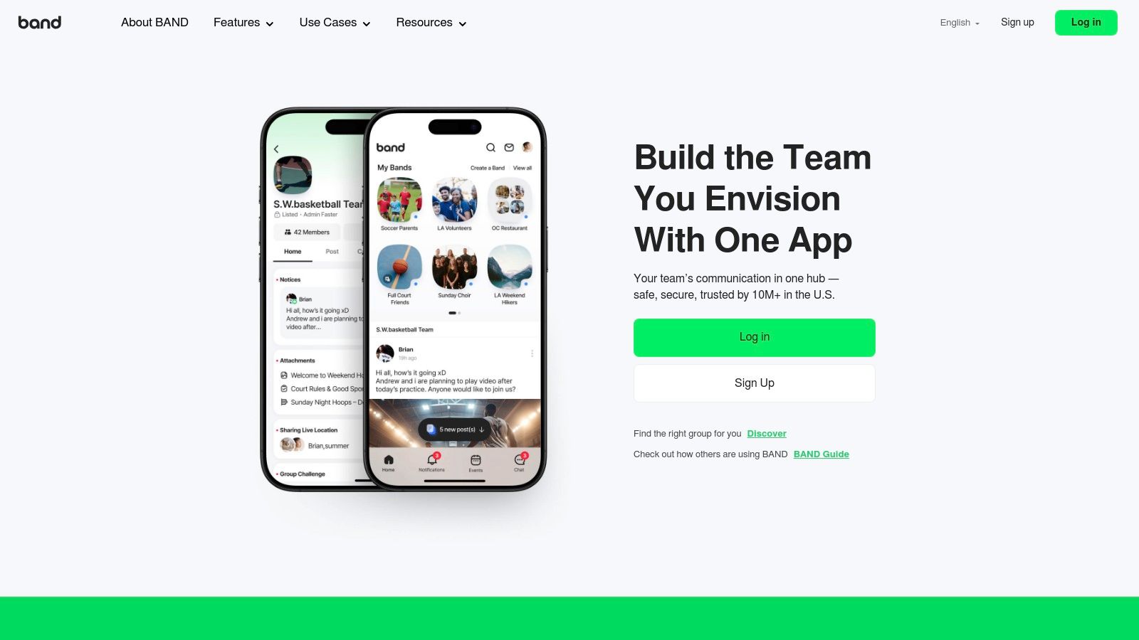 A mobile phone screen showing a social media feed with a calendar icon, a person icon, and a post with an image of a mountain, representing a group communication app.