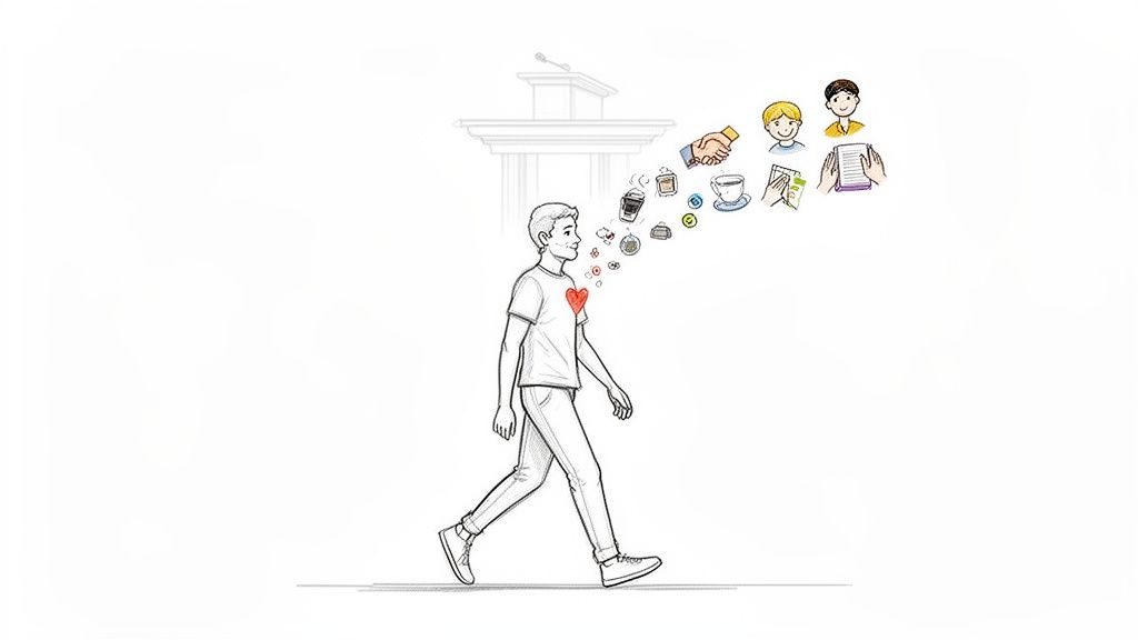 A person walks with a red heart, thinking about daily life, work, and social interactions.