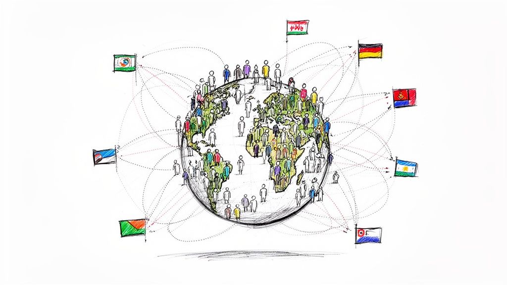An illustration of the Earth filled with people, connected to surrounding flags by dashed lines.