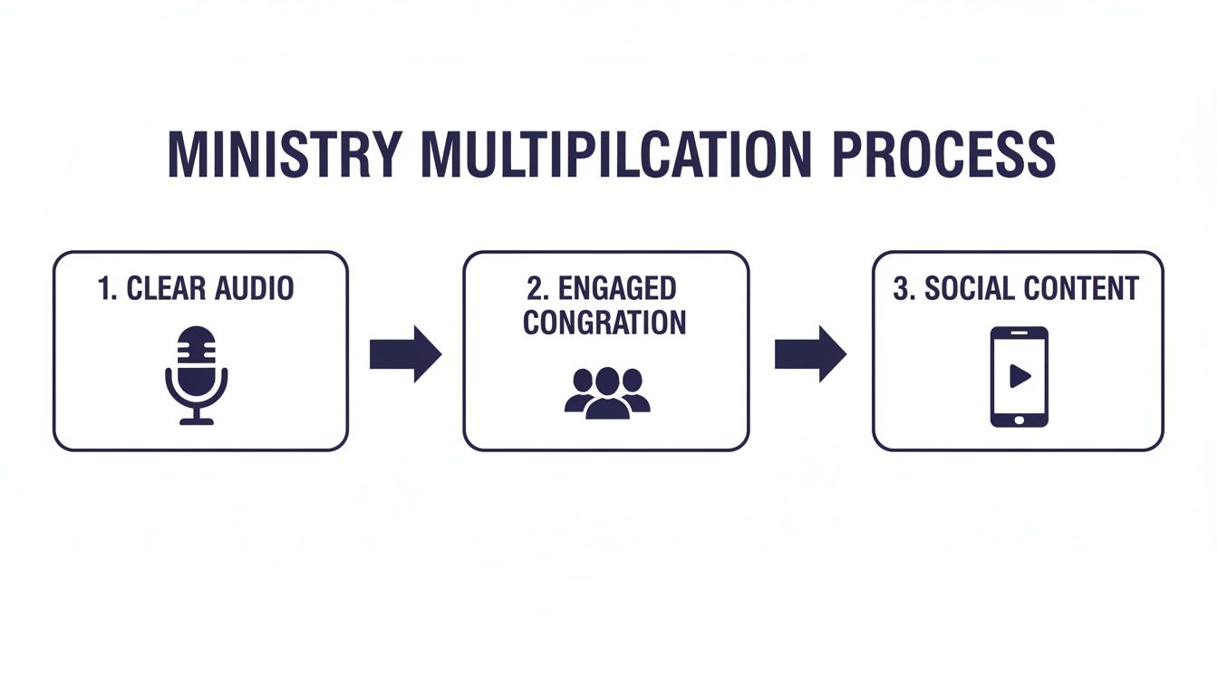 Flowchart detailing the Ministry Multiplication Process, showing steps for clear audio, engaged congregation, and social content.