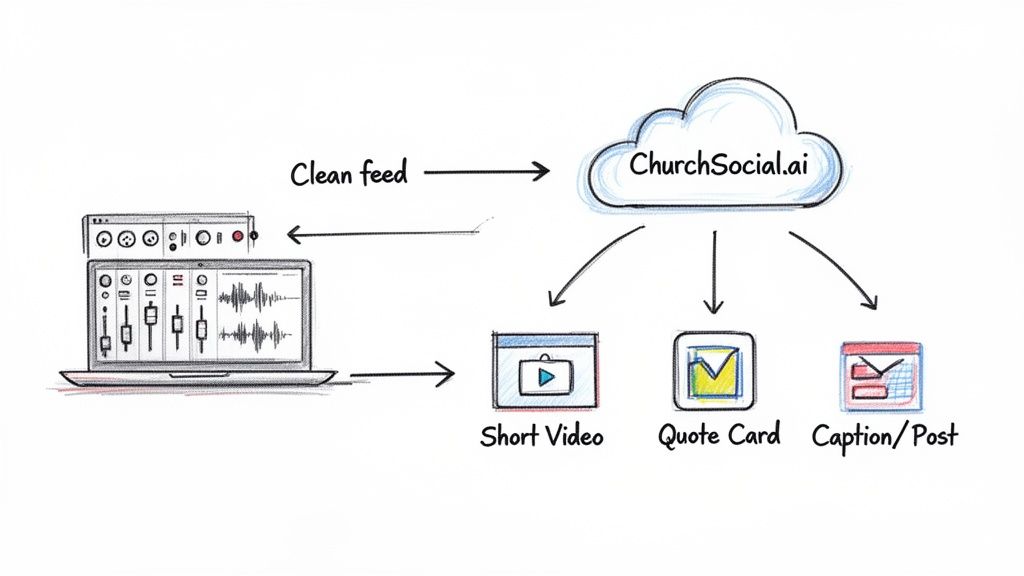 Diagram showing ChurchSocial.ai processing audio from a laptop to create social media content like videos, quotes, and captions.