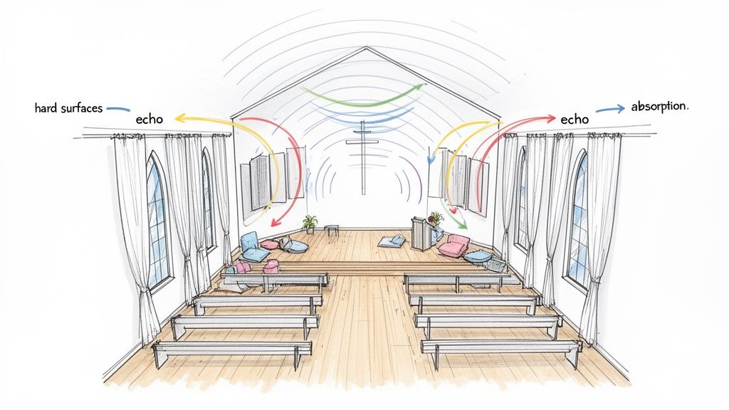 Illustration of a church interior showing sound waves, echoes from hard surfaces, and absorption by acoustic panels.