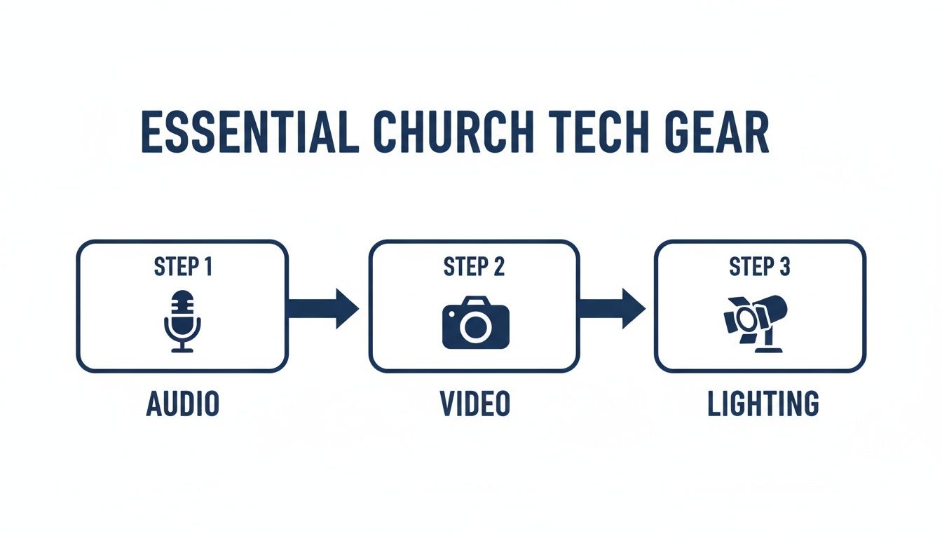 Flowchart illustrating essential church tech gear, detailing audio, video, and lighting equipment in three steps.