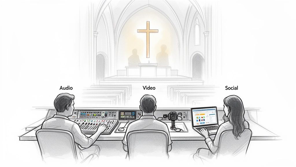 Church tech team managing audio, video, and social media for a worship service live stream.