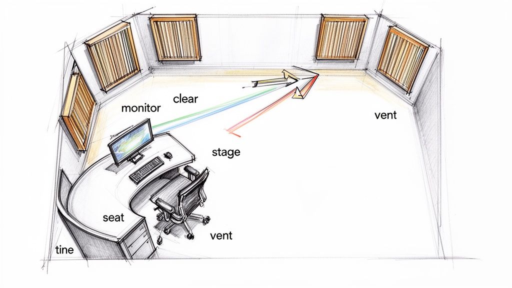 Overhead sketch of a multi-sided control room with a curved desk, monitor, chair, and wall panels.
