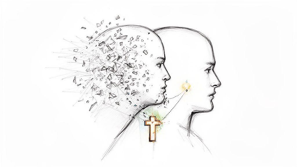 An illustration of a head disintegrating into fragments, contrasted with a whole head connected to a glowing cross.
