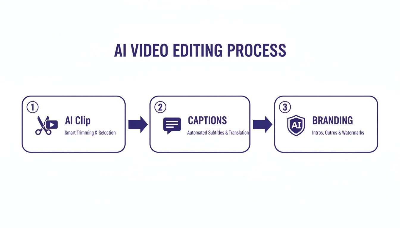 Diagram illustrating the three-step AI video editing process: AI clip, captions, and branding.