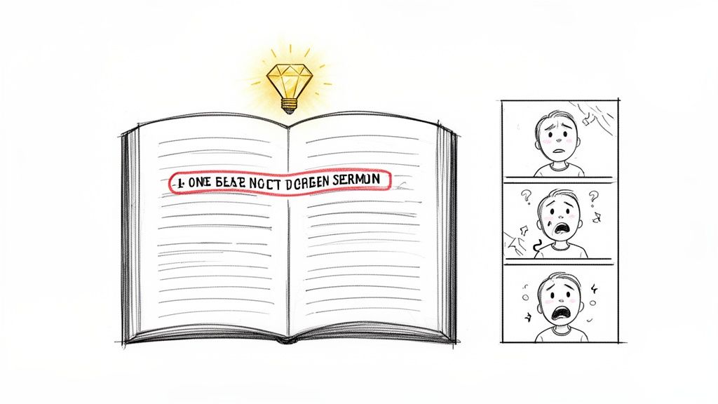 A cartoon illustration of an open book with "sermon" text, an idea lightbulb, and a man's confused reactions.