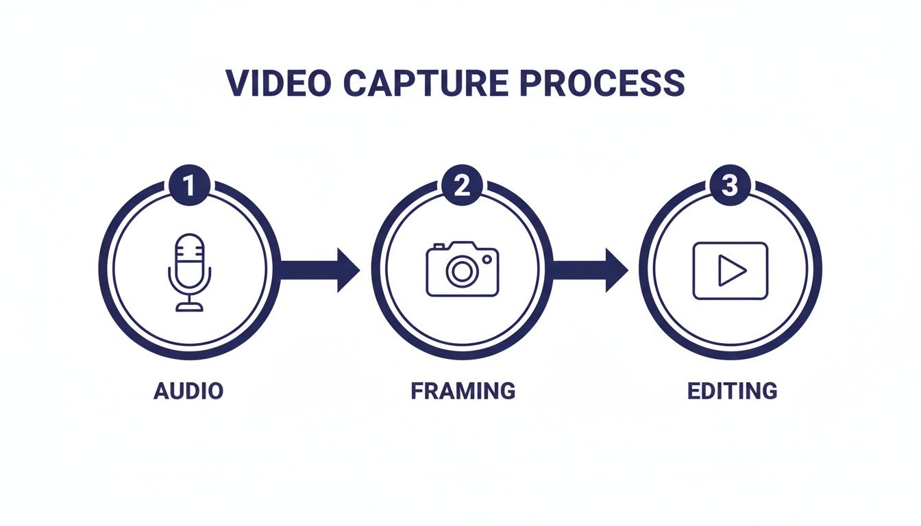 A three-step video capture process diagram: audio, framing, and editing, with respective icons.