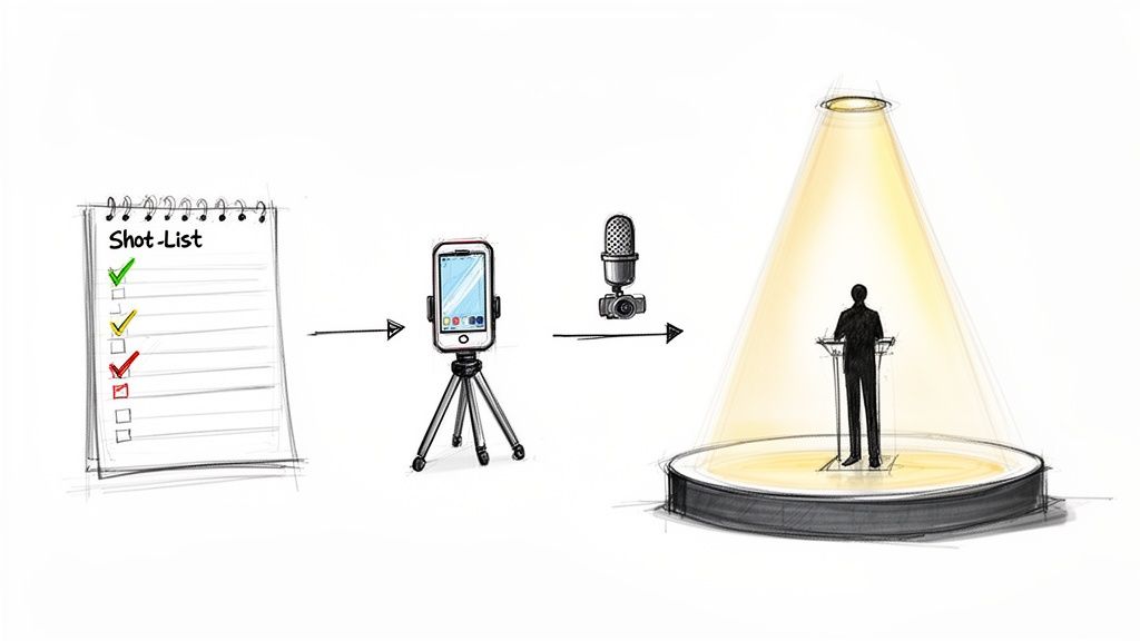 A sketch illustrating a shot list, video recording equipment, and a person speaking on a spotlighted stage.