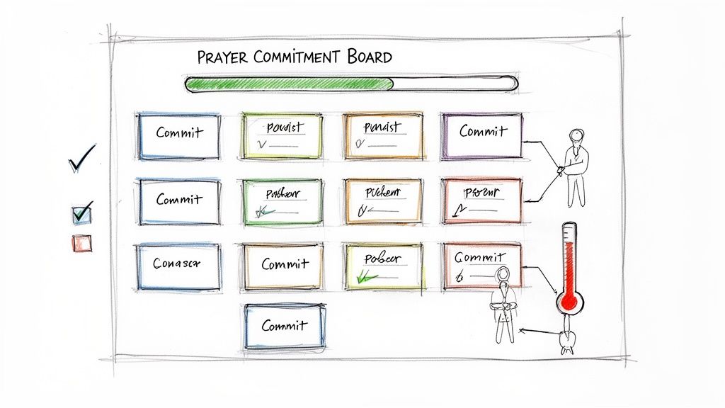 A hand-drawn sketch of a Prayer Commitment Board with tasks, a progress bar, and commitment tracking.